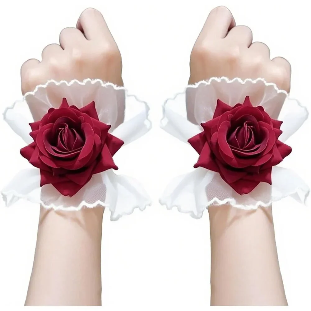 Women's White Gothic Rose Lace Elastic Bracelet Lolita Hand Wrist Cuff Gloves